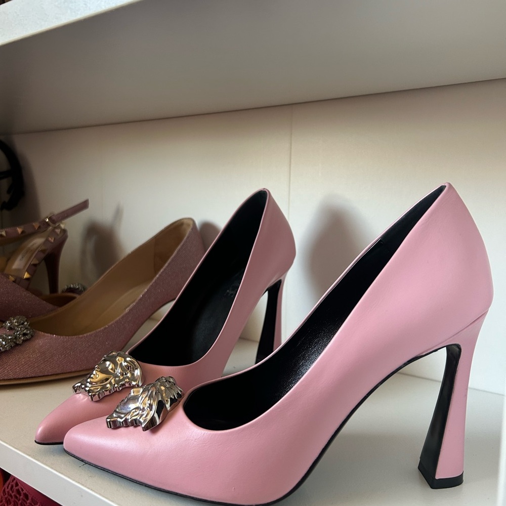 Versace Pink Heels with Silver Medusa Detail